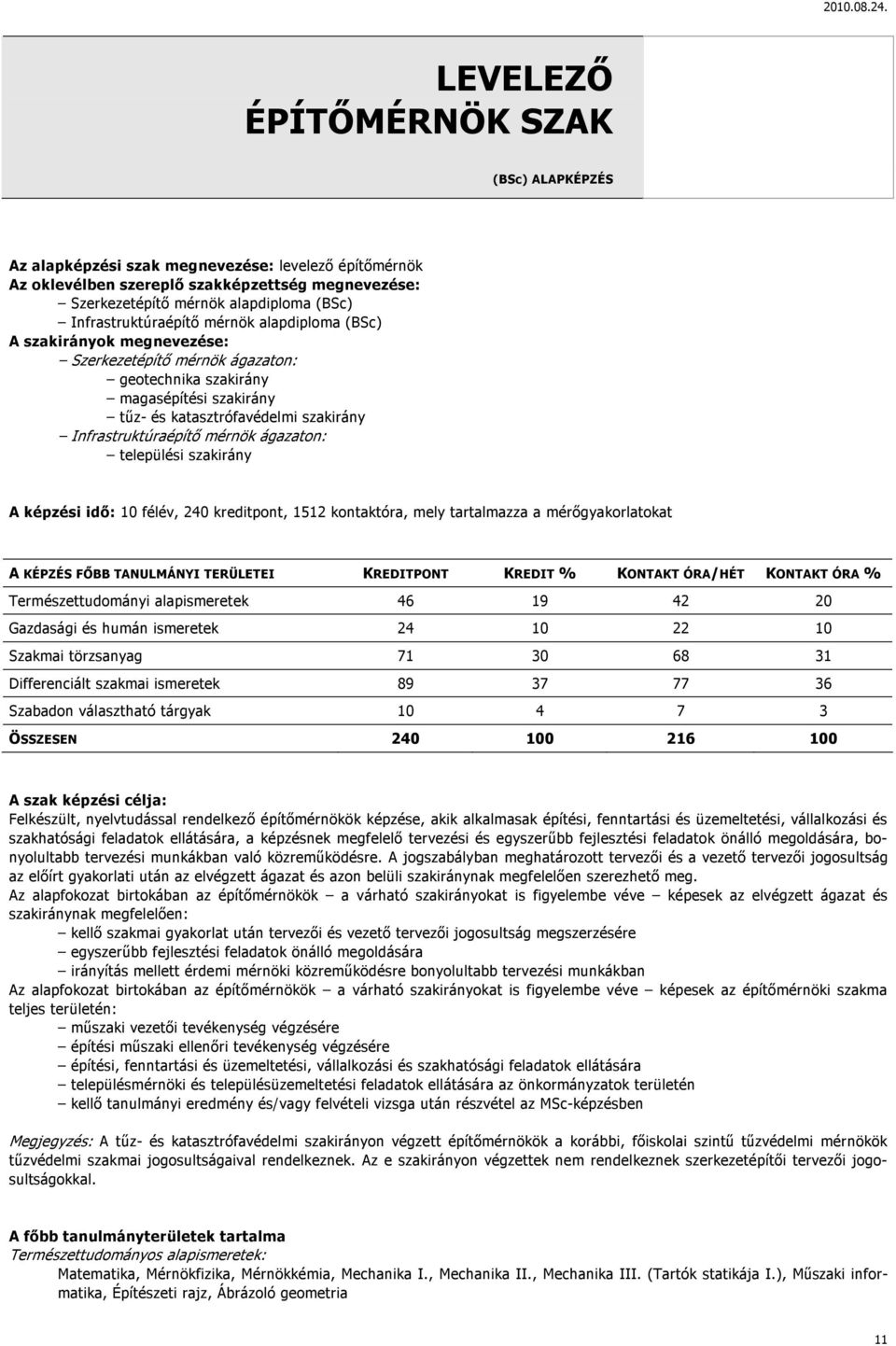 Infrastruktúraépítő mérnök ágazaton: települési szakirány A képzési idő: 10 félév, 240 kreditpont, 1512 kontaktóra, mely tartalmazza a mérőgyakorlatokat A KÉPZÉS FŐBB ANUMÁNYI ERÜEEI KREDIPON KREDI %