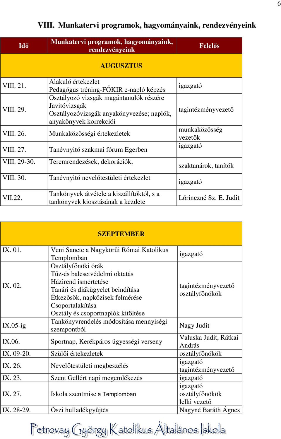 anyakönyvezése; naplók, anyakönyvek korrekciói Munkaközösségi értekezletek Tanévnyitó szakmai fórum Egerben Teremrendezések, dekorációk, Tanévnyitó nevelőtestületi értekezlet Tankönyvek átvétele a