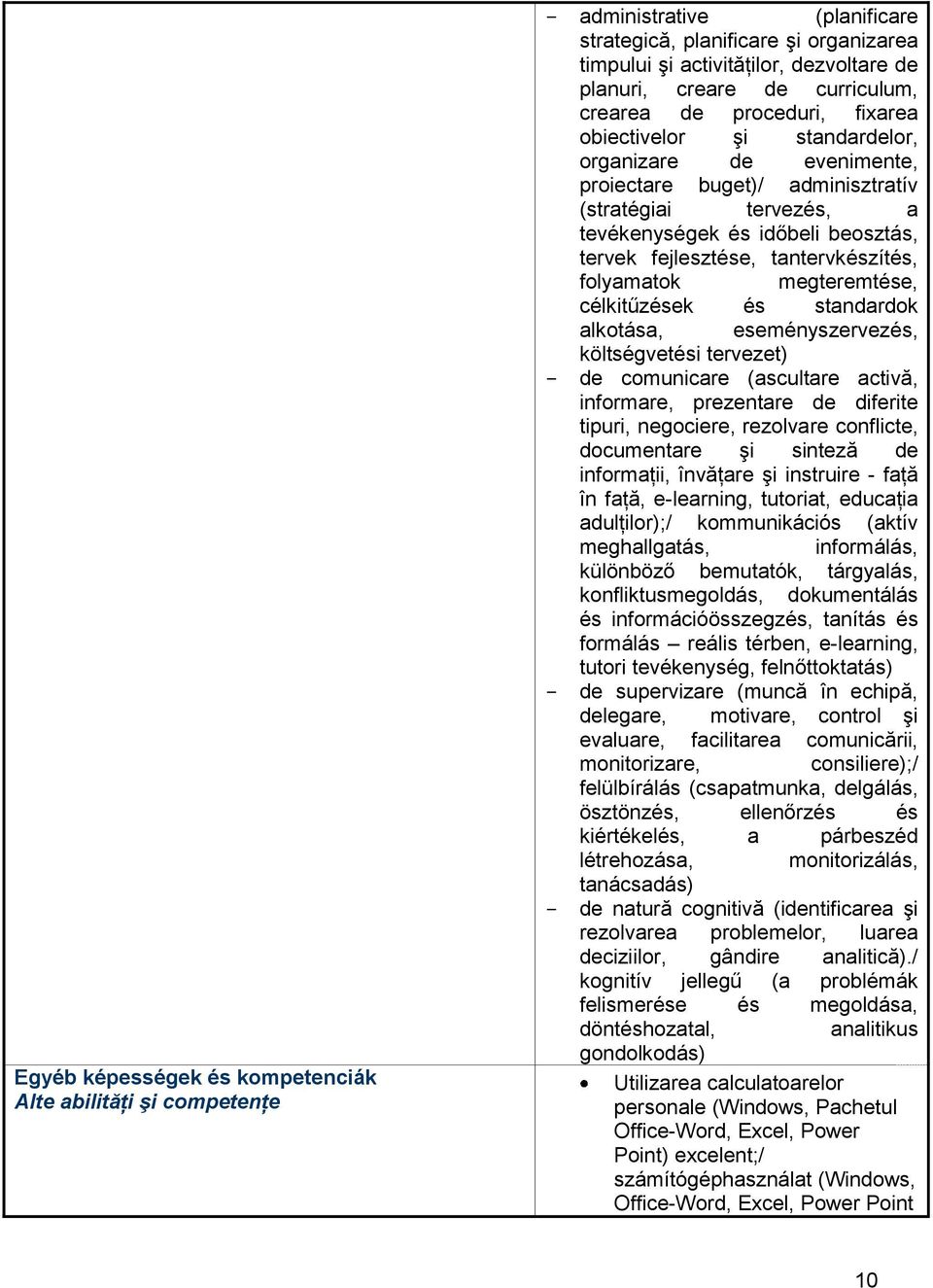 fejlesztése, tantervkészítés, folyamatok megteremtése, célkitűzések és standardok alkotása, eseményszervezés, költségvetési tervezet) - de comunicare (ascultare activă, informare, prezentare de
