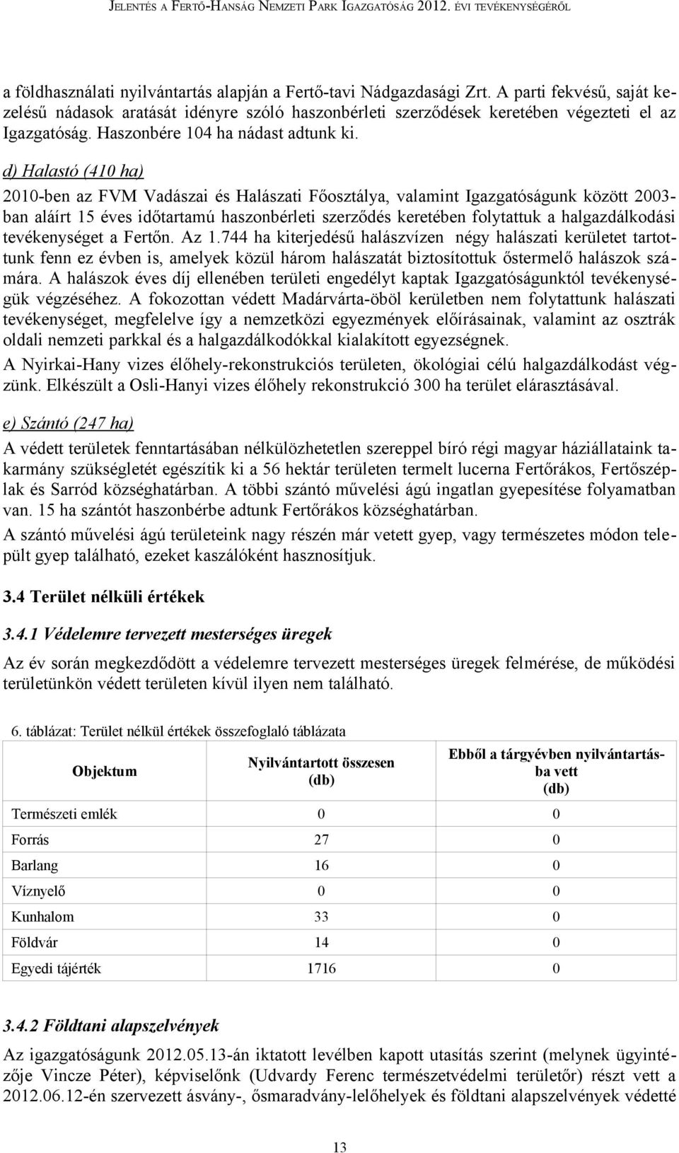 d) Halastó (410 ha) 2010-ben az FVM Vadászai és Halászati Főosztálya, valamint Igazgatóságunk között 2003- ban aláírt 15 éves időtartamú haszonbérleti szerződés keretében folytattuk a halgazdálkodási