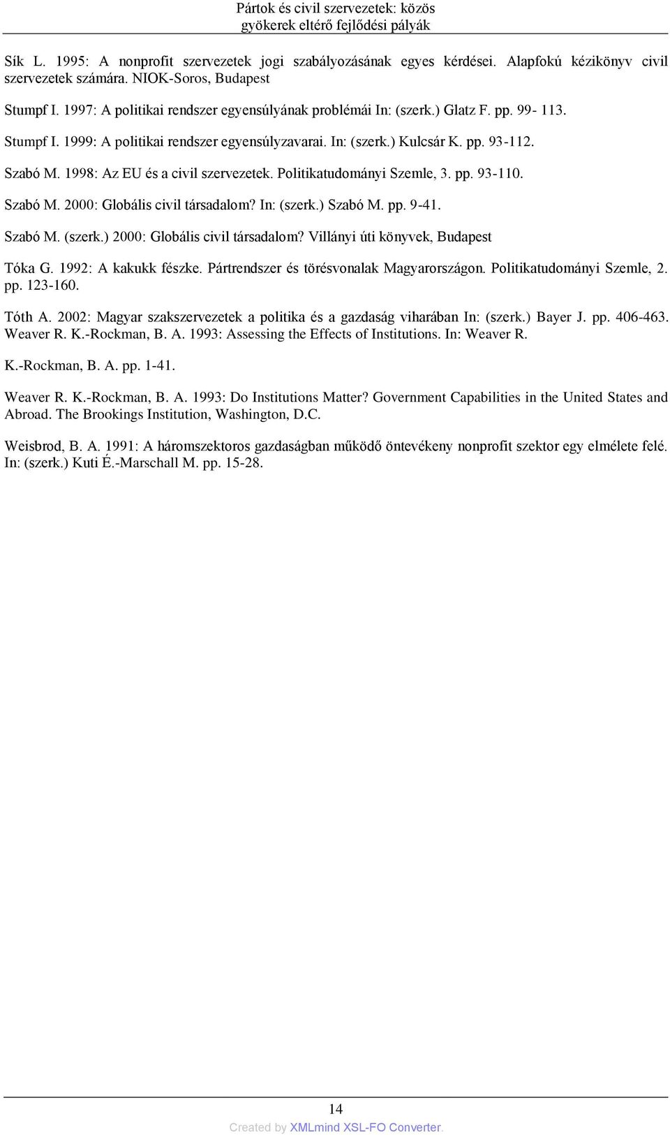 Szabó M. 1998: Az EU és a civil szervezetek. Politikatudományi Szemle, 3. pp. 93-110. Szabó M. 2000: Globális civil társadalom? In: (szerk.) Szabó M. pp. 9-41. Szabó M. (szerk.) 2000: Globális civil társadalom?