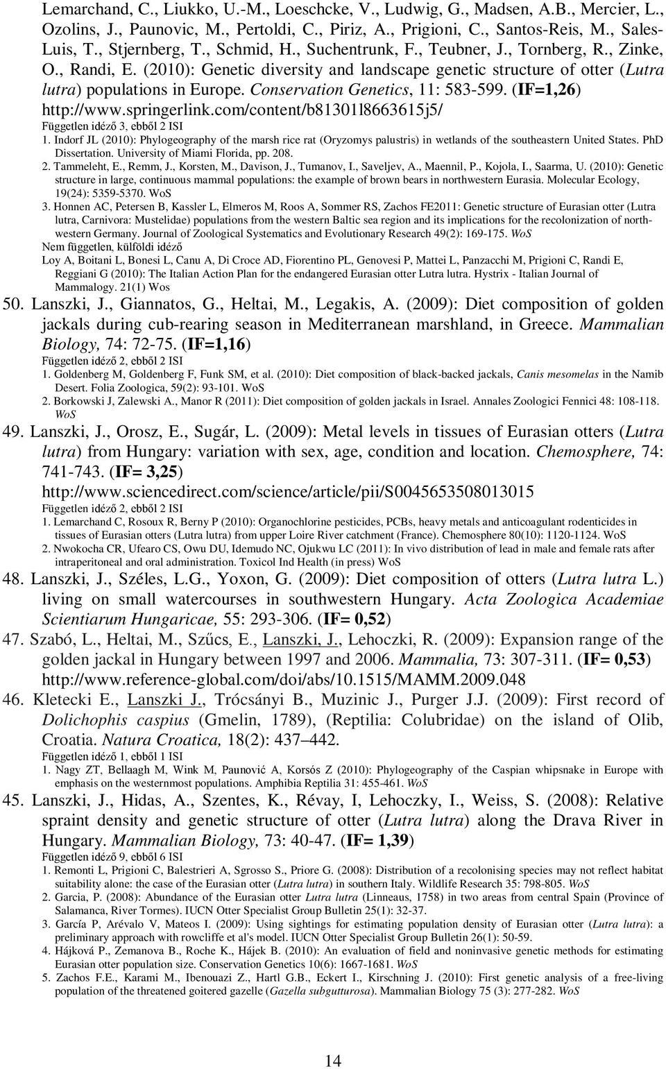 Conservation Genetics, 11: 583-599. (IF=1,26) http://www.springerlink.com/content/b81301l8663615j5/ Független idéző 3, ebből 2 ISI 1.