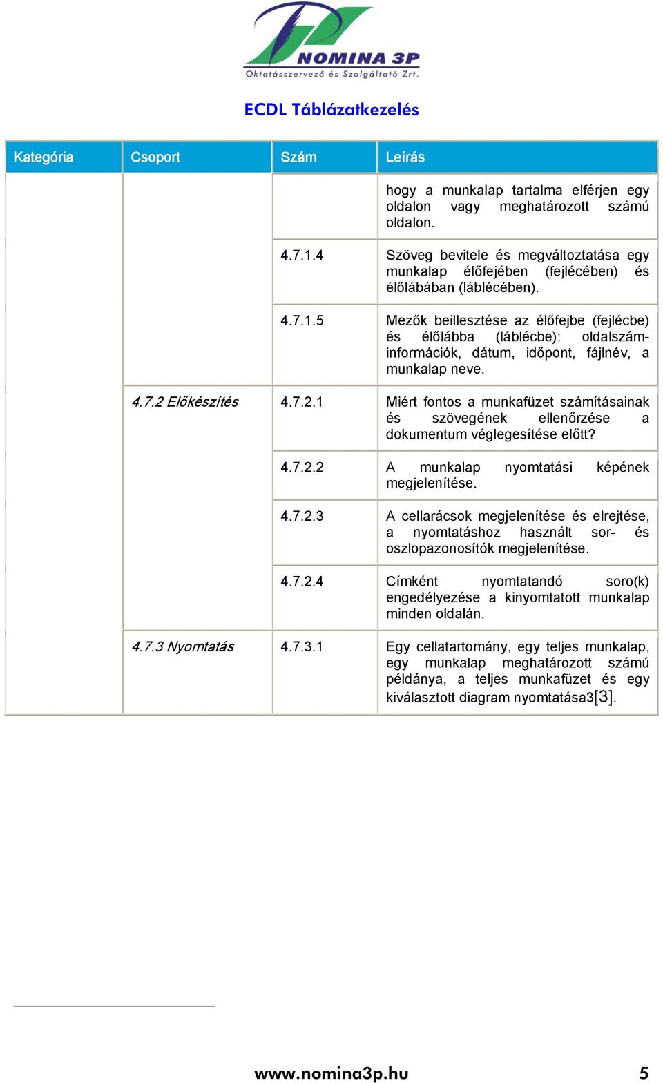 5 Mezők beillesztése az élőfejbe (fejlécbe) és élőlábba (láblécbe): oldalszáminformációk, dátum, időpont, fájlnév, a munkalap neve. 4.7.2 