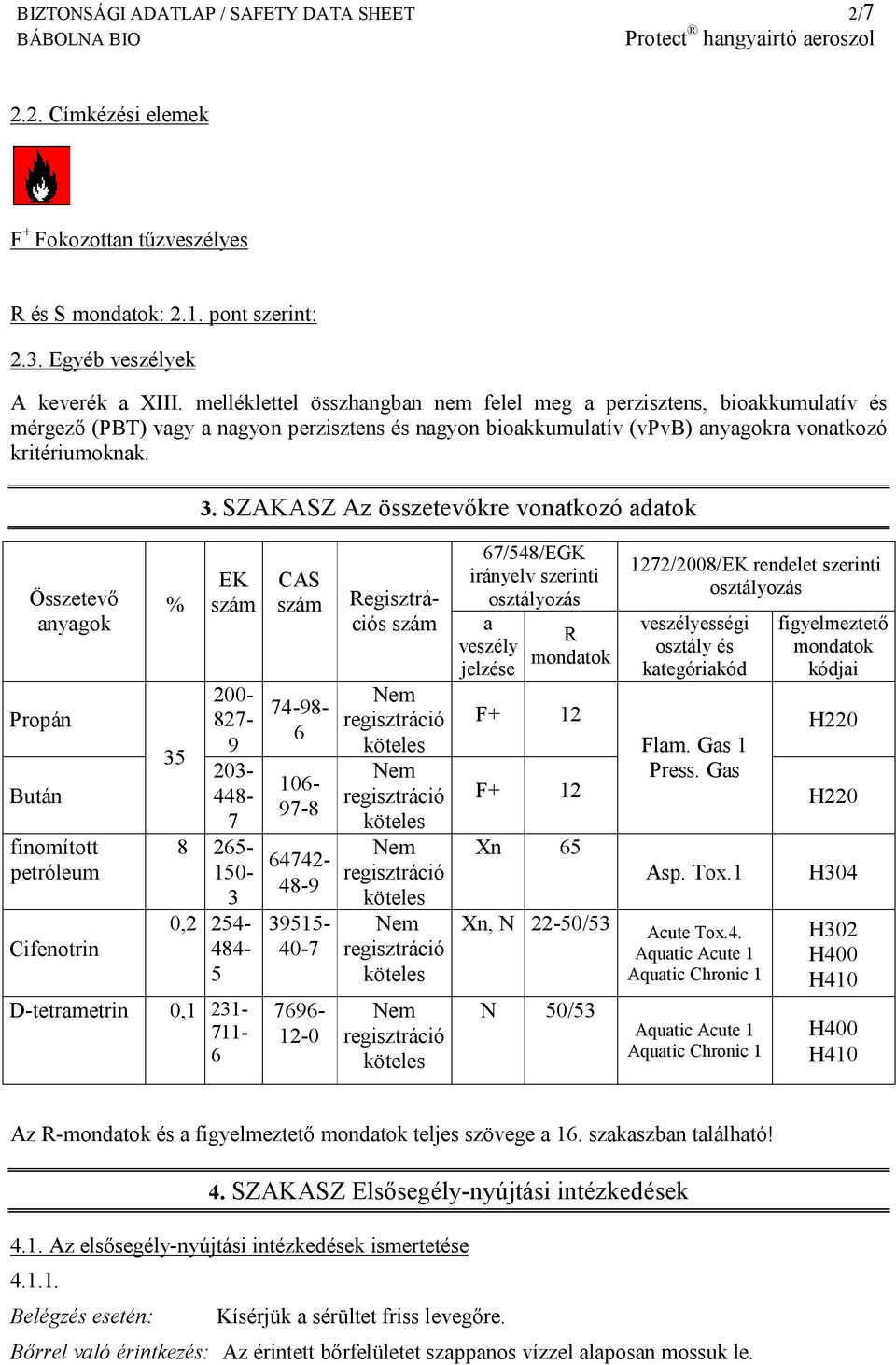 SZAKASZ Az összetevőkre vonatkozó adatok Összetevő anyagok Propán Bután finomított petróleum Cifenotrin % EK szám D-tetrametrin 0,1 231-711- 6 CAS szám 74-98- 6 106-97-8 200-827- 9 35 203-448- 7 8