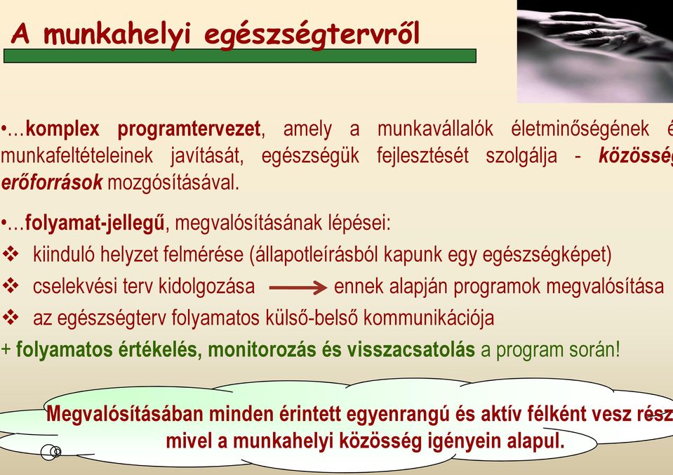 folyamat-jellegő, megvalósításának lépései: kiinduló helyzet felmérése (állapotleírásból kapunk egy egészségképet) cselekvési terv kidolgozása ennek