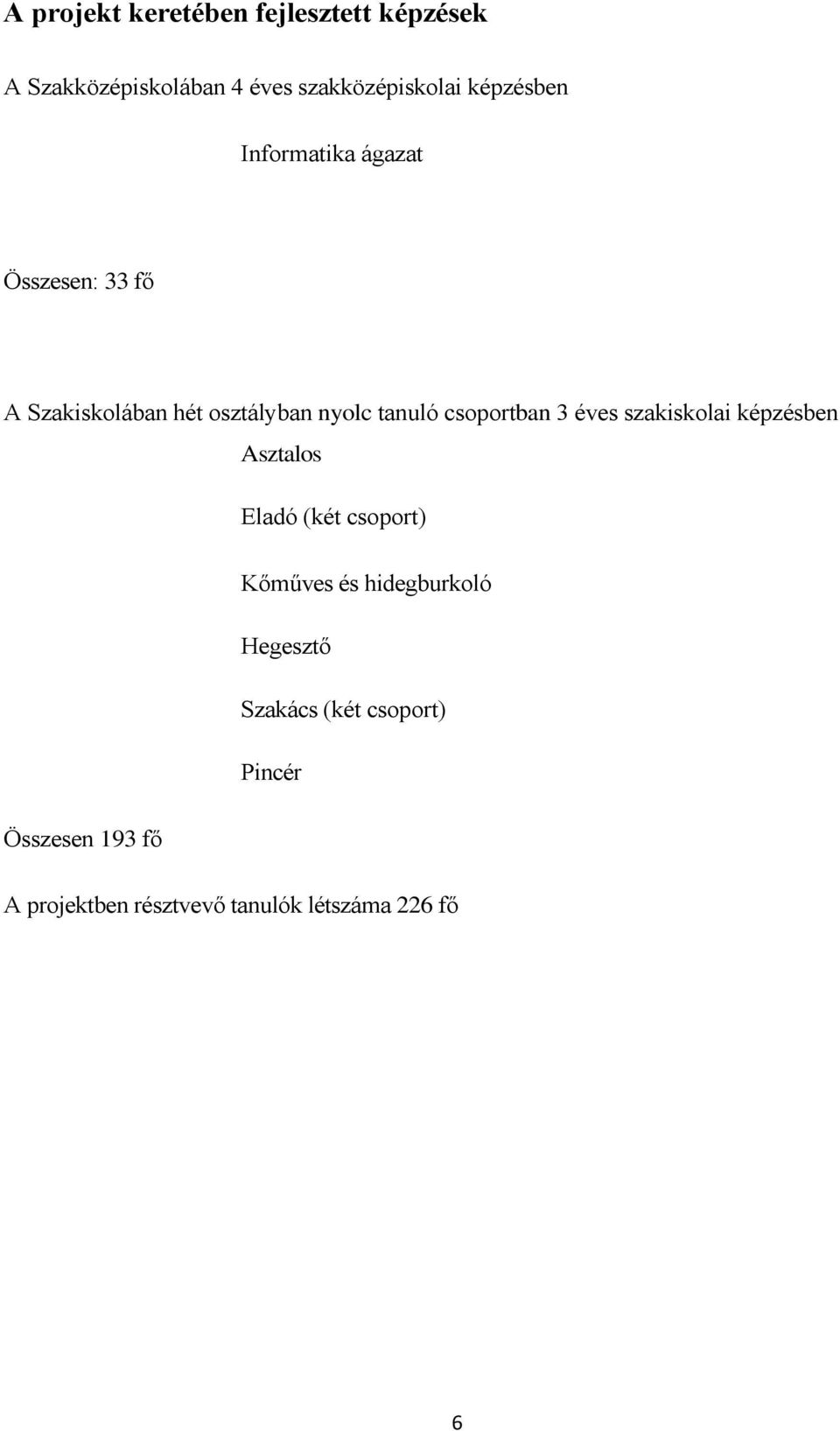 csoportban 3 éves szakiskolai képzésben Asztalos Eladó (két csoport) Kőműves és hidegburkoló