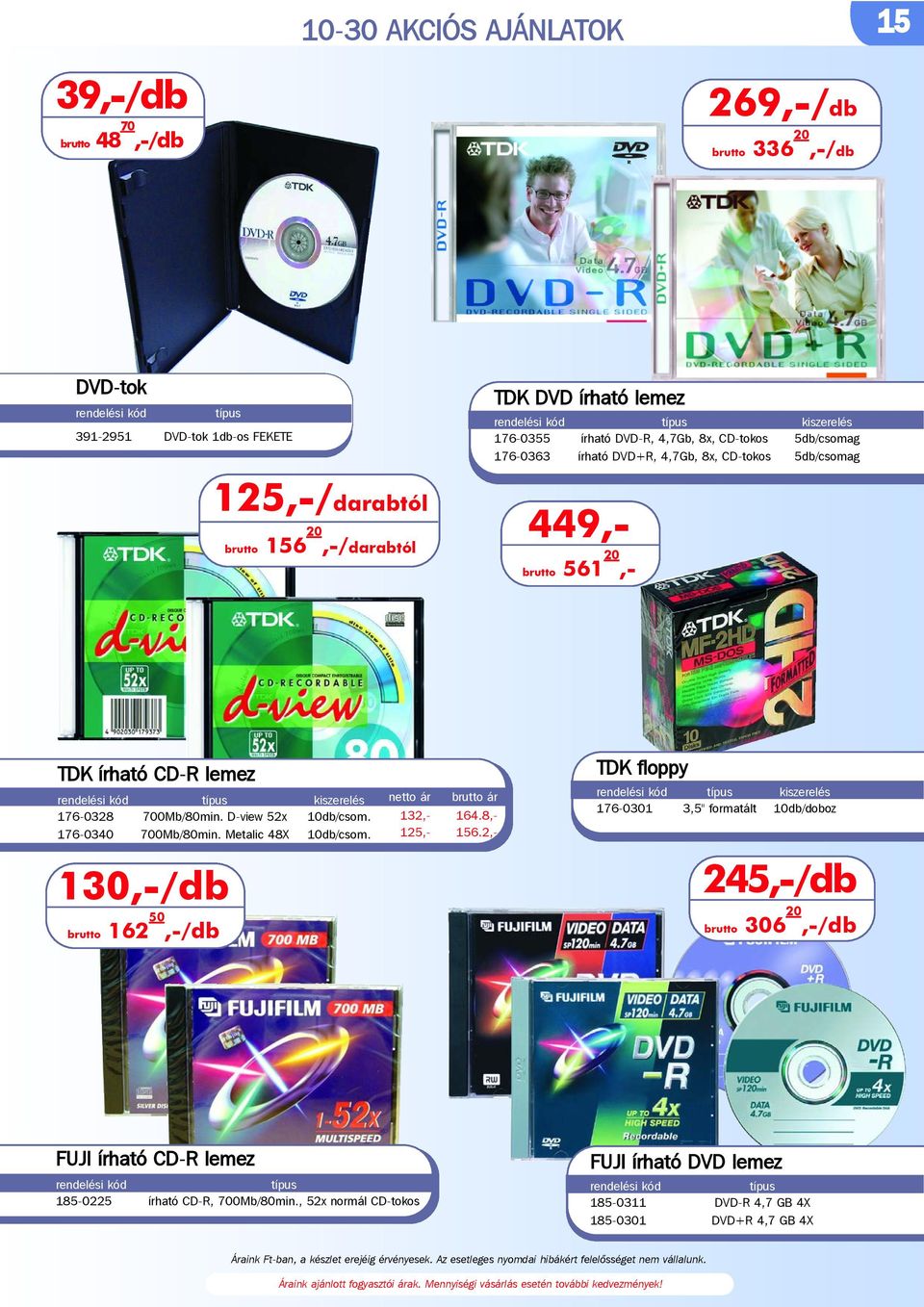 2,- 449,- brutto 561 20,- TDK írható CD-R lemez kiszerelés 176-0328 700Mb/80min. D-view 52x 10db/csom. 176-0340 700Mb/80min. Metalic 48X 10db/csom.
