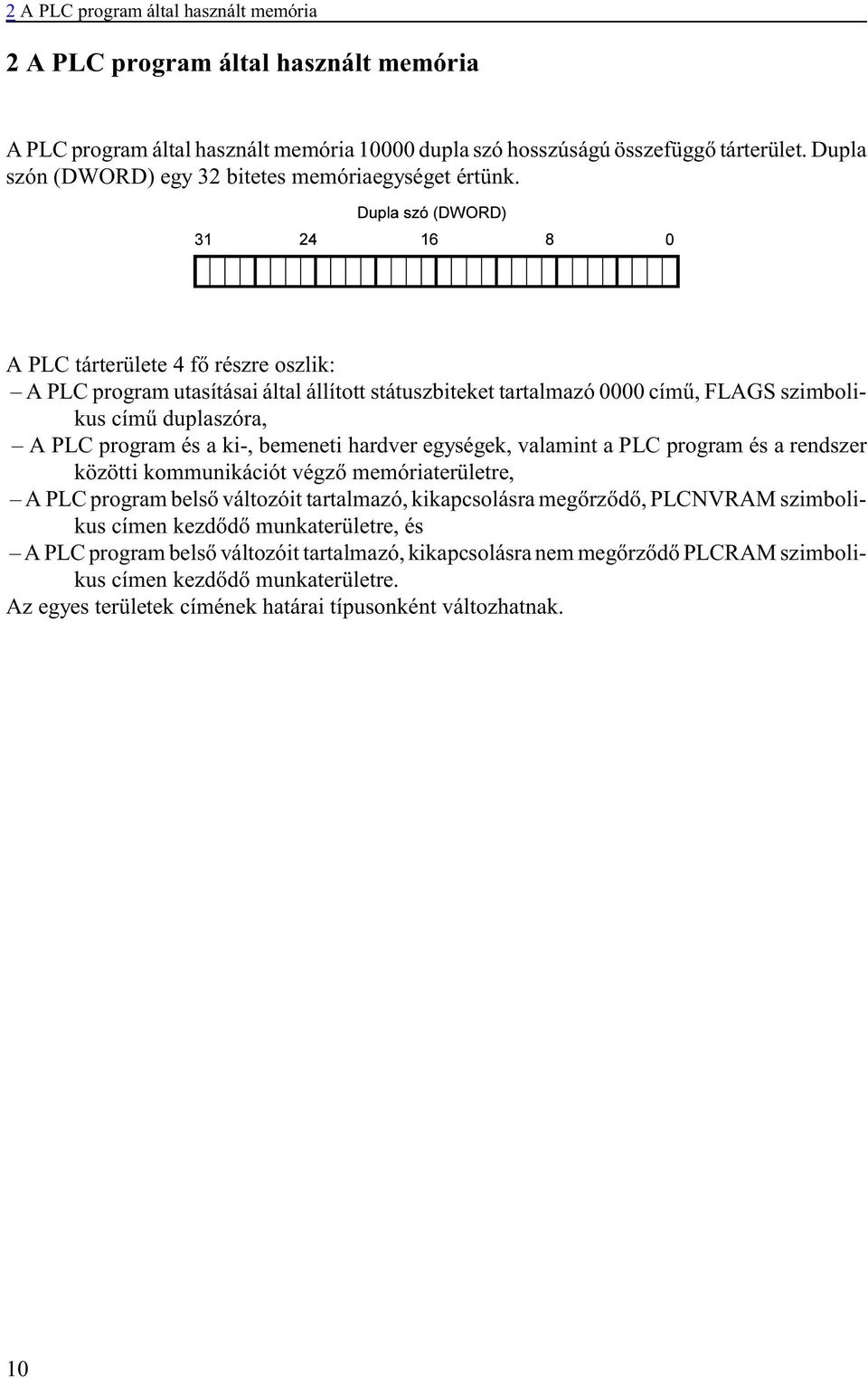 A PLC tárterülete 4 fõ részre oszlik: A PLC program utasításai által állított státuszbiteket tartalmazó 0000 címû, FLAGS szimbolikus címû duplaszóra, A PLC program és a ki-, bemeneti hardver