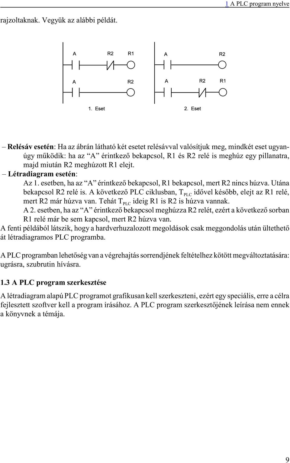 R1 elejt. Létradiagram esetén: Az 1. esetben, ha az A érintkezõ bekapcsol, R1 bekapcsol, mert R2 nincs húzva. Utána bekapcsol R2 relé is.