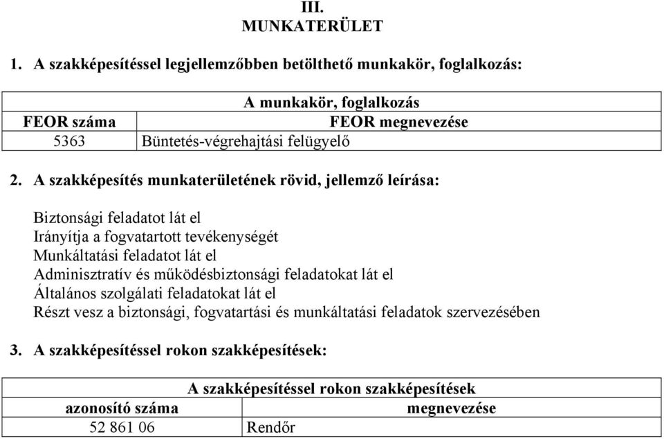 A szakképesítés munkaterületének rövid, jellemző leírása: iztonsági feladatot lát el Irányítja a fogvatartott tevékenységét Munkáltatási feladatot lát el