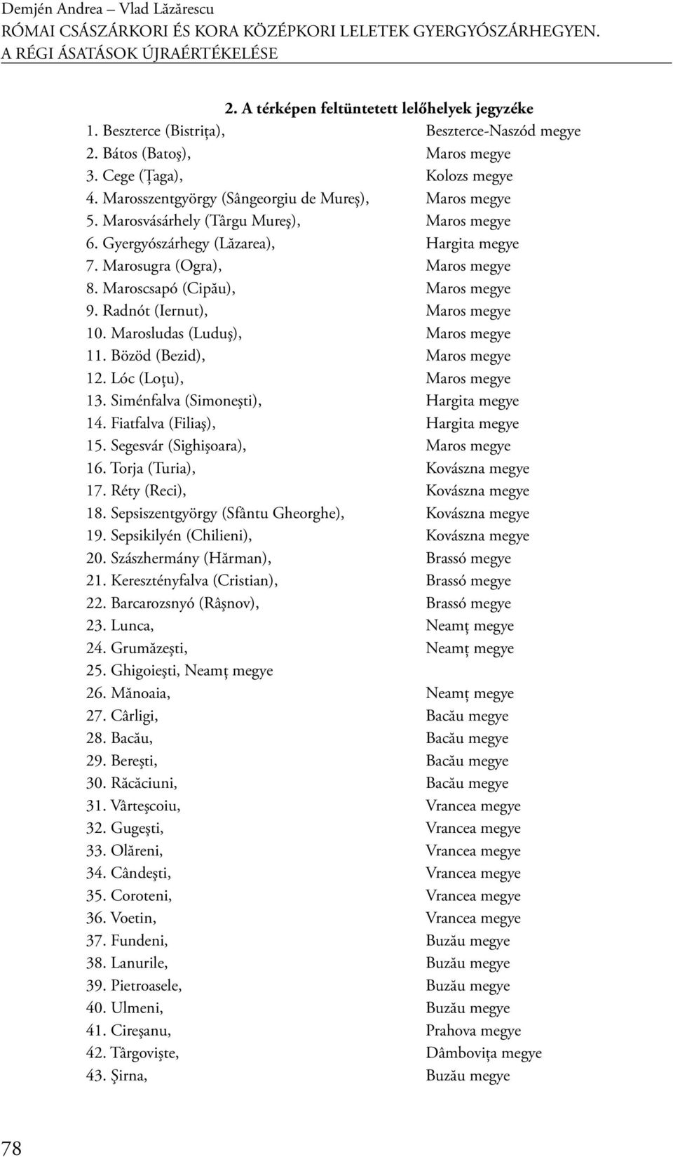 Marosvásárhely (Târgu Mureş), Maros megye 6. Gyergyószárhegy (Lăzarea), Hargita megye 7. Marosugra (Ogra), Maros megye 8. Maroscsapó (Cipău), Maros megye 9. Radnót (Iernut), Maros megye 10.