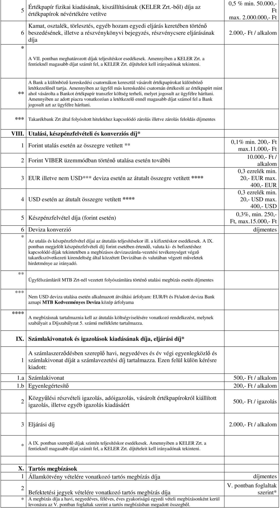 A VII. pontban meghatározott díjak teljesítéskor esedékesek. Amennyiben a KELER Zrt. a fentieknél magasabb díjat számít fel, a KELER Zrt. díjtételeit kell irányadónak tekinteni. 0,5 % min. 50.