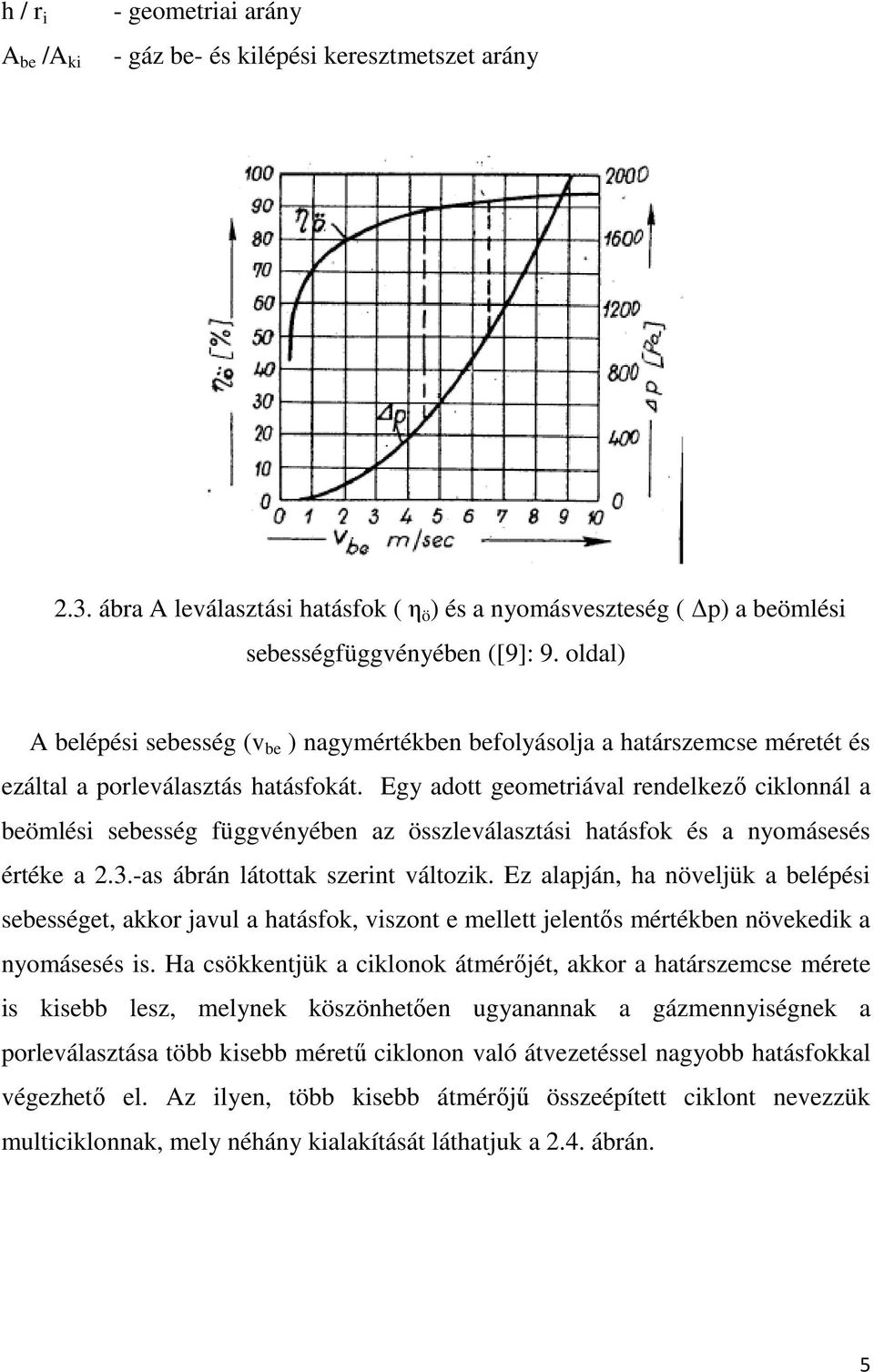 Egy adott geometriával rendelkező ciklonnál a beömlési sebesség függvényében az összleválasztási hatásfok és a nyomásesés értéke a 2.3.-as ábrán látottak szerint változik.