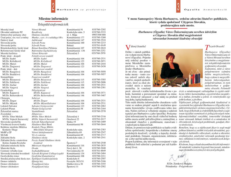 Daňový úrad Adóhivatal Slovenská pošta Szlovák Posta Slovenská pošta Szlovák Posta Rímskokatolícky farský úrad Római Katolikus Plébánia Reformovaný farský úrad Református Egyházközség Mestská