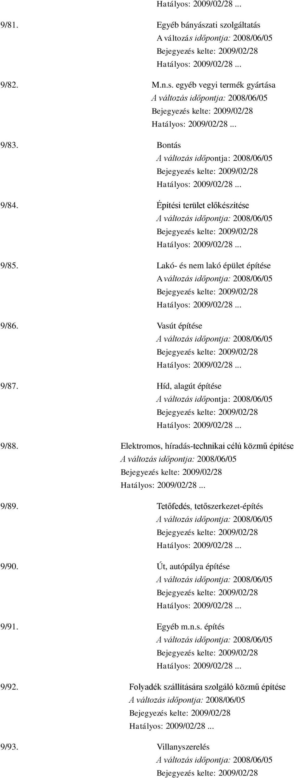 Híd, alagút építése 9/88. Elektromos, híradás-technikai célú közmű építése 9/89.