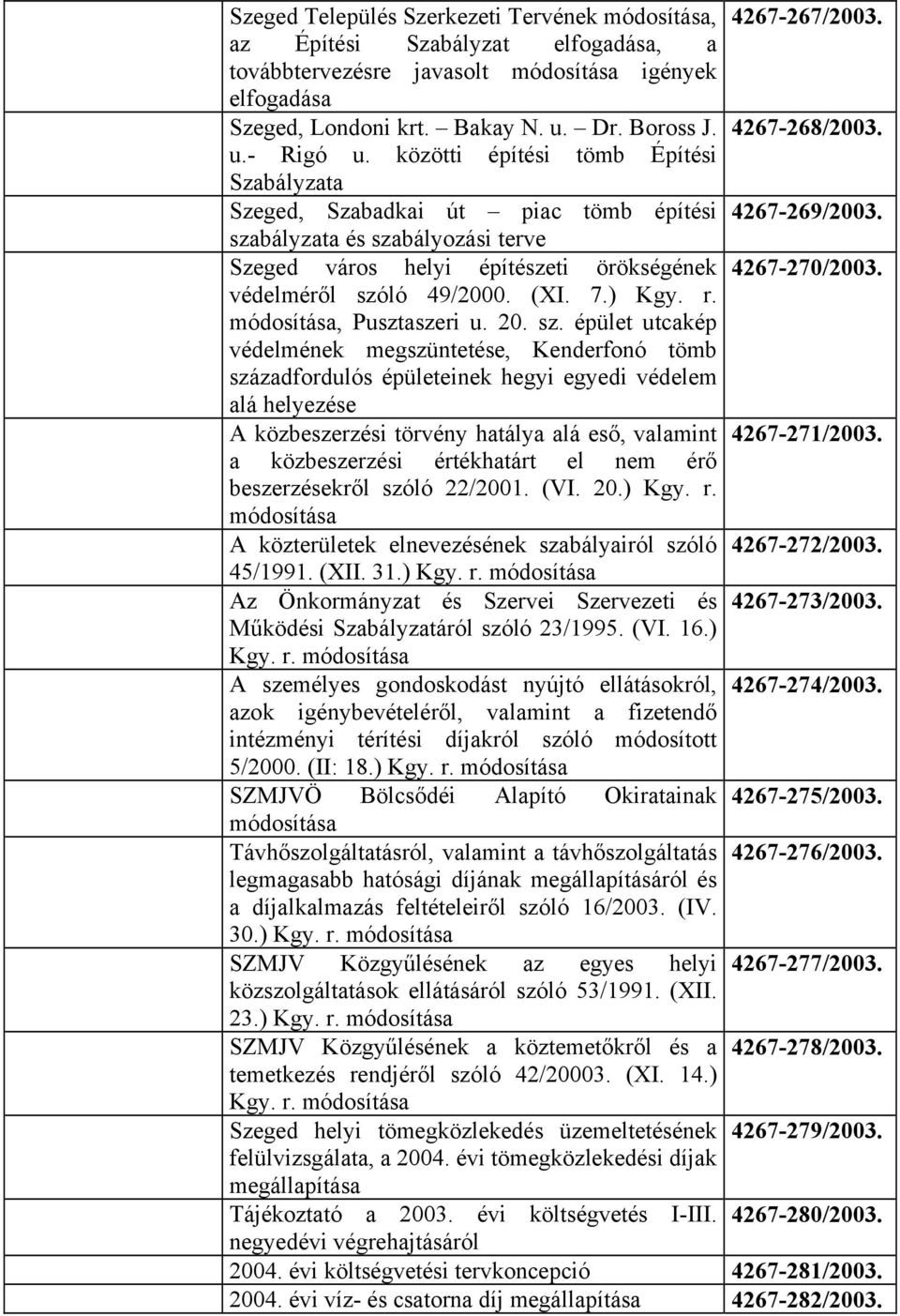 védelméről szóló 49/2000. (XI. 7.) Kgy. r., Pusztaszeri u. 20. sz. épület utcakép védelmének megszüntetése, Kenderfonó tömb századfordulós épületeinek hegyi egyedi védelem alá helyezése A közbeszerzési törvény hatálya alá eső, valamint 4267-271/2003.