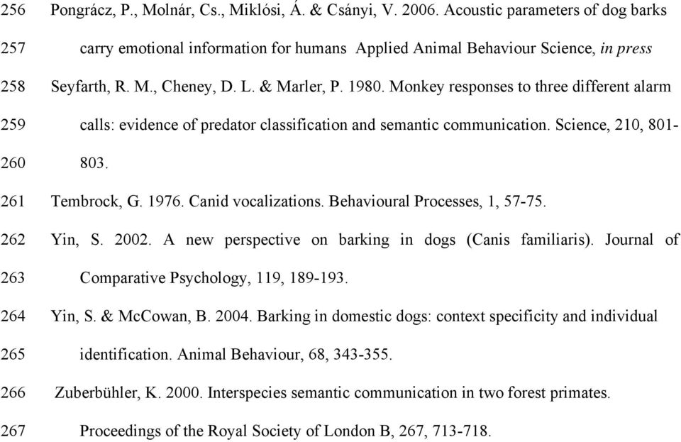 Monkey responses to three different alarm calls: evidence of predator classification and semantic communication. Science, 210, 801-803. Tembrock, G. 1976. Canid vocalizations.