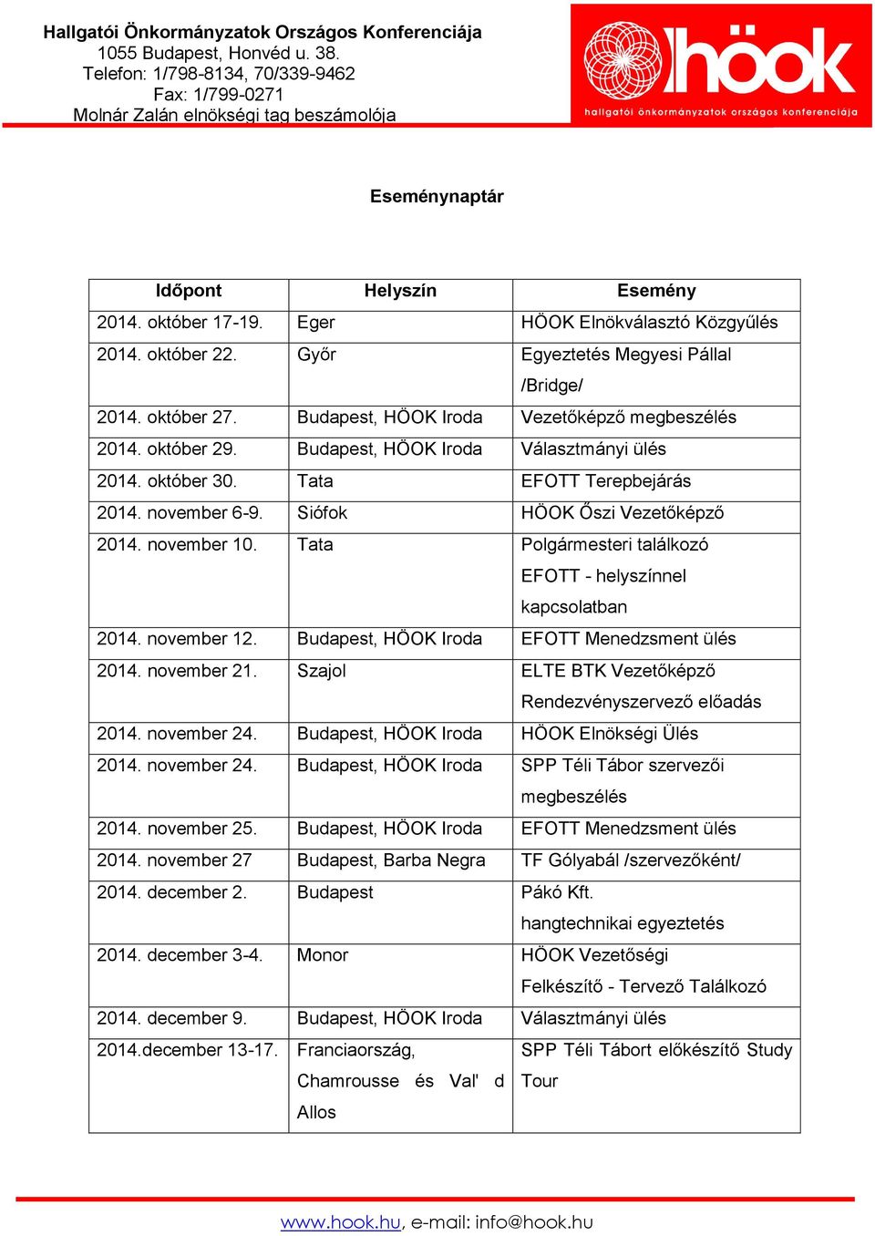 november 10. Tata Polgármesteri találkozó EFOTT - helyszínnel kapcsolatban 2014. november 12. Budapest, HÖOK Iroda EFOTT Menedzsment ülés 2014. november 21.