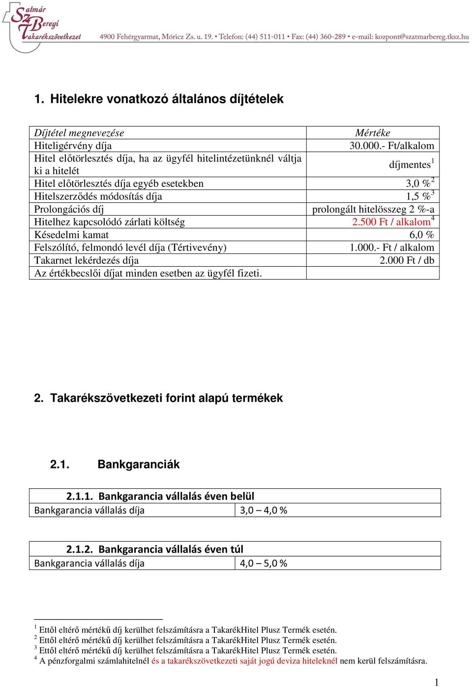 Prolongációs díj prolongált hitelösszeg 2 %-a Hitelhez kapcsolódó zárlati költség 2.500 Ft / alkalom 4 Késedelmi kamat 6,0 % Felszólító, felmondó levél díja (Tértivevény) 1.000.