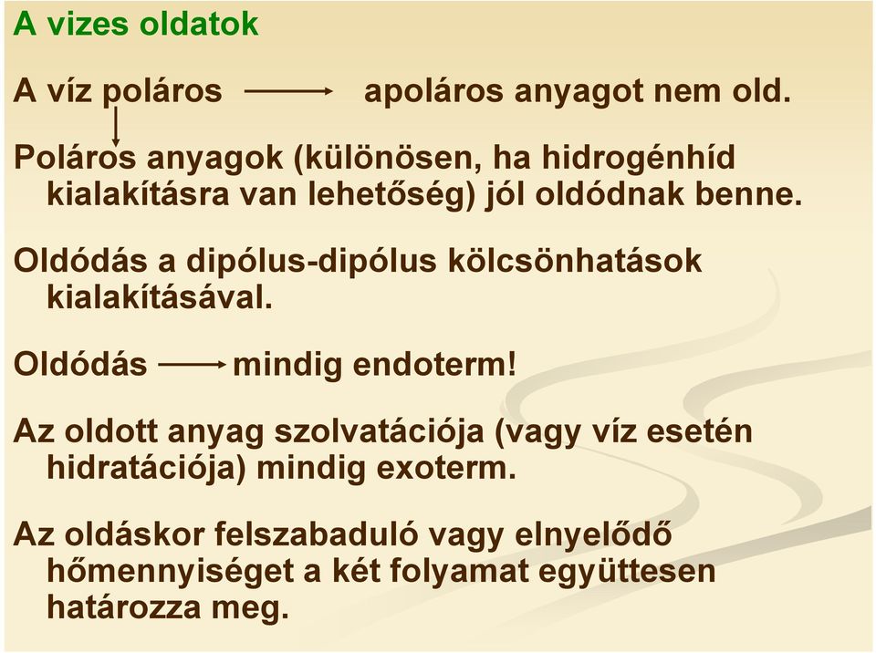 Oldódás a dipólus-dipólus kölcsönhatások kialakításával. Oldódás mindig endoterm!