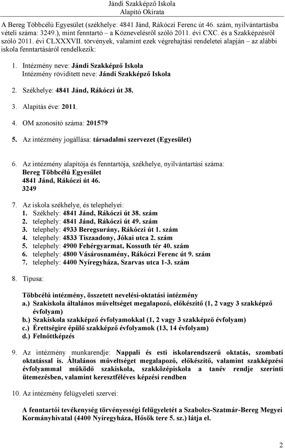 Intézmény neve: Jándi Szakképző Iskola Intézmény rövidített neve: Jándi Szakképző Iskola 2. Székhelye: 4841 Jánd, Rákóczi út 38. 3. Alapítás éve: 2011. 4. OM azonosító : 201579 5.