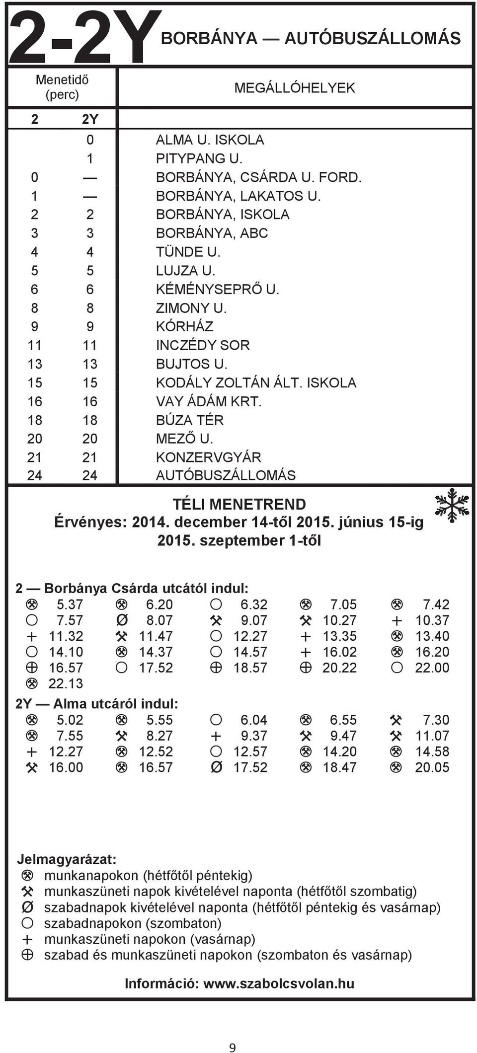 21 21 KONZERVGYÁR 24 24 AUTÓBUSZÁLLOMÁS TÉLI MENETREND Érvényes: 2014. december 14-től 2015. június 15-ig 2015. szeptember 1-től 2 Borbánya Csárda utcától indul: M 5.37 M 6.20 S 6.32 M 7.05 M 7.