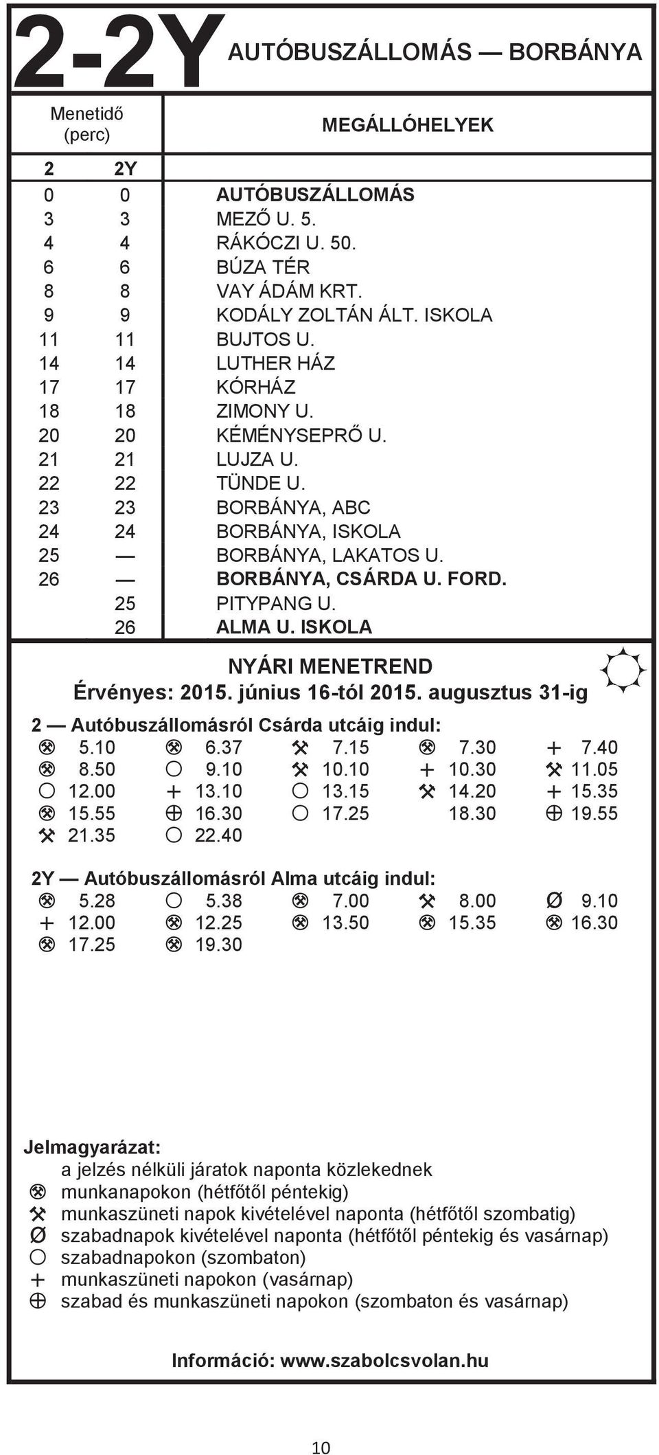 25 PITYPANG U. 26 ALMA U. ISKOLA NYÁRI MENETREND Érvényes: 2015. június 16-tól 2015. augusztus 31-ig 2 Autóbuszállomásról Csárda utcáig indul: M 5.10 M 6.37 X 7.15 M 7.30 U 7.40 M 8.50 S 9.10 X 10.