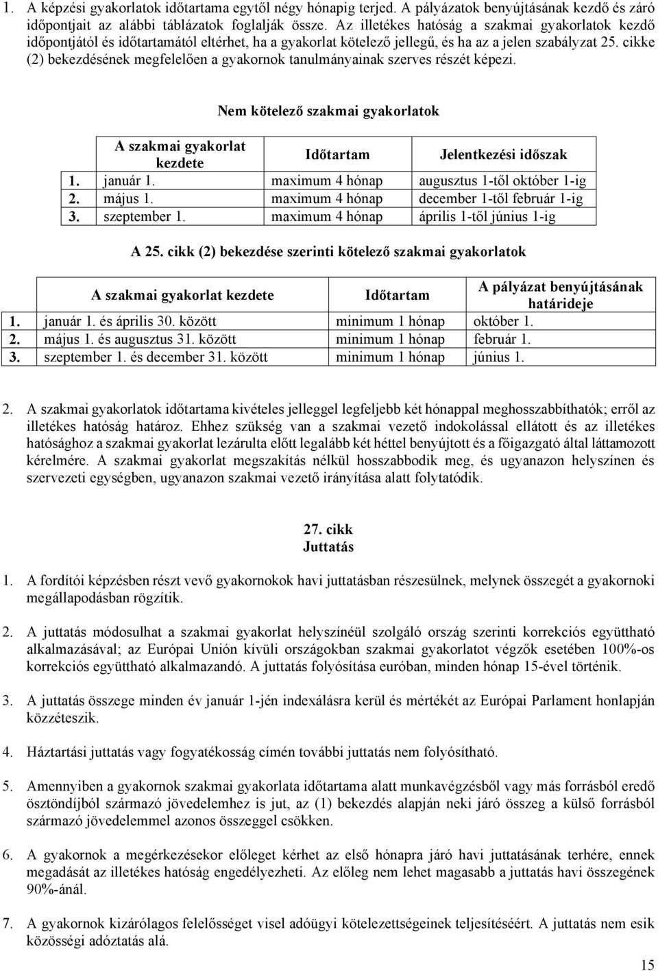 cikke (2) bekezdésének megfelelően a gyakornok tanulmányainak szerves részét képezi. Nem kötelező szakmai gyakorlatok A szakmai gyakorlat kezdete Időtartam Jelentkezési időszak 1. január 1.