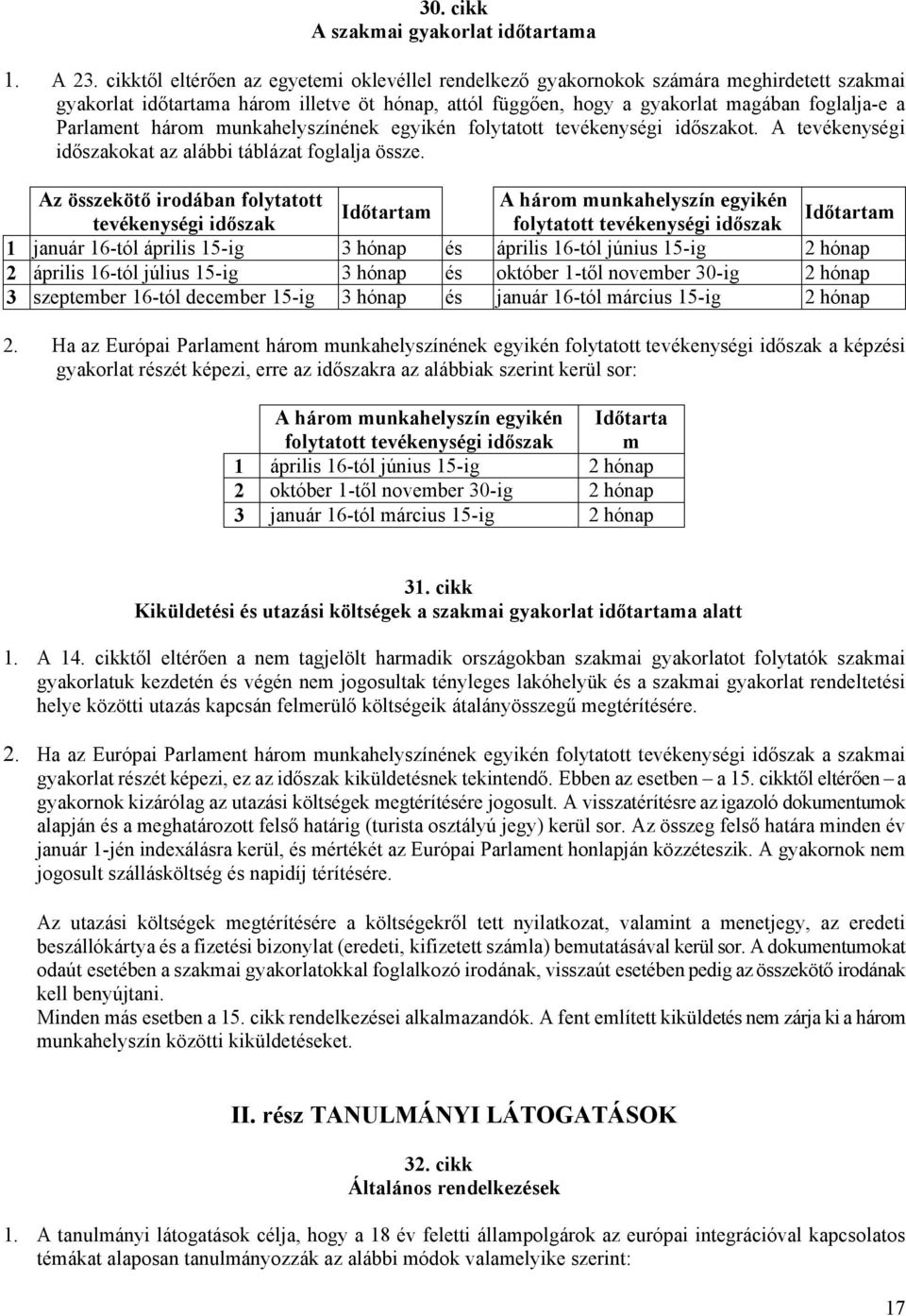 három munkahelyszínének egyikén folytatott tevékenységi időszakot. A tevékenységi időszakokat az alábbi táblázat foglalja össze.