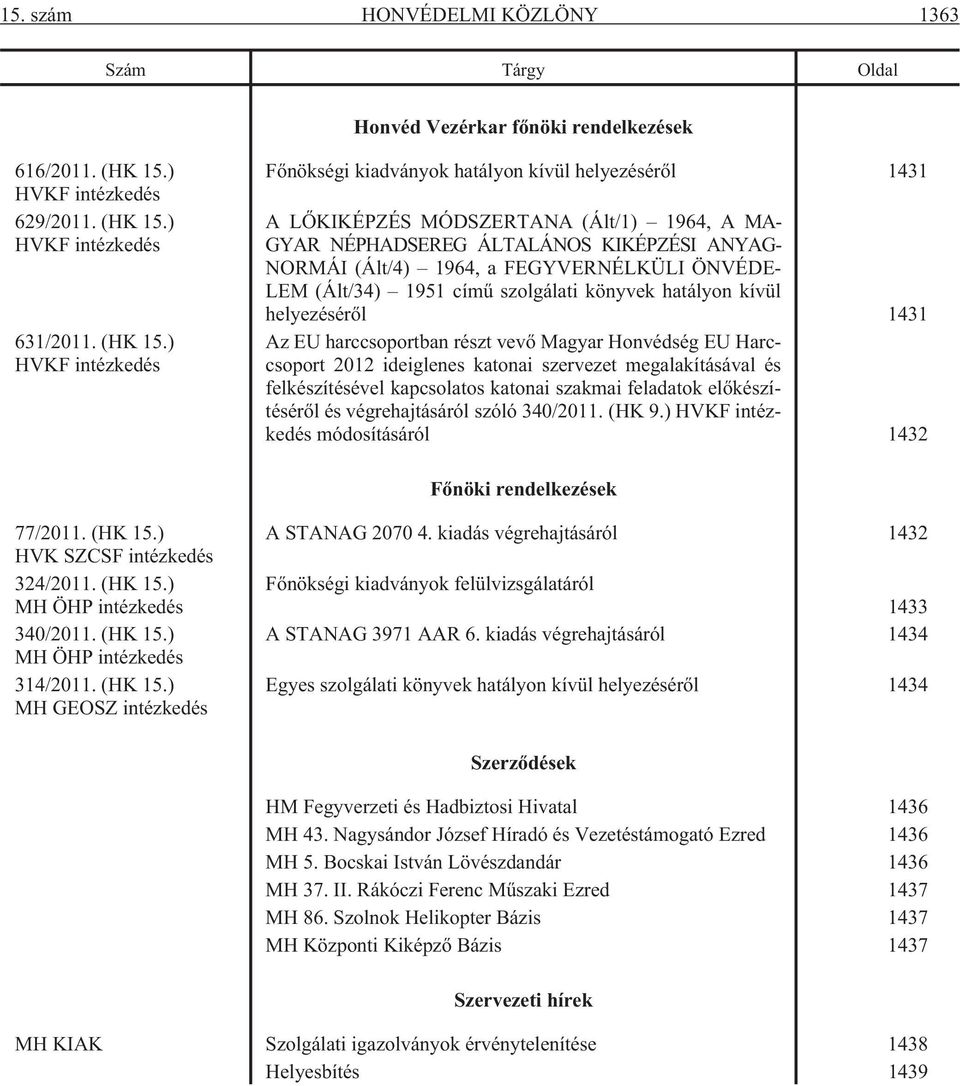 ) HVKF intézkedés 631/2011. (HK 15.
