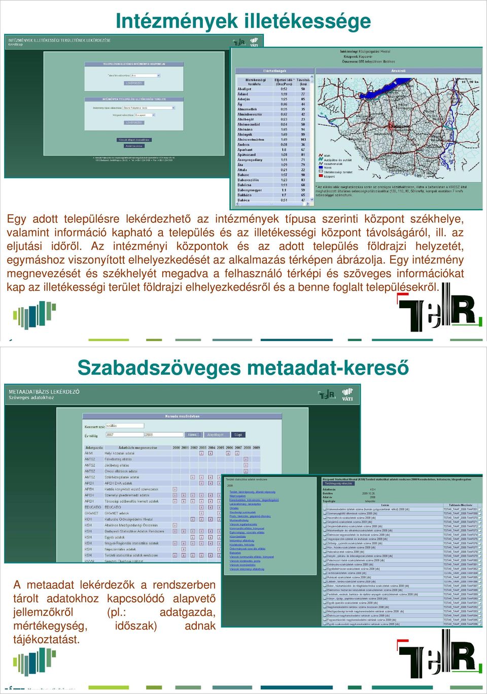 Egy intézmény megnevezését és székhelyét megadva a felhasználó térképi és szöveges információkat kap az illetékességi terület földrajzi elhelyezkedésről és a benne foglalt