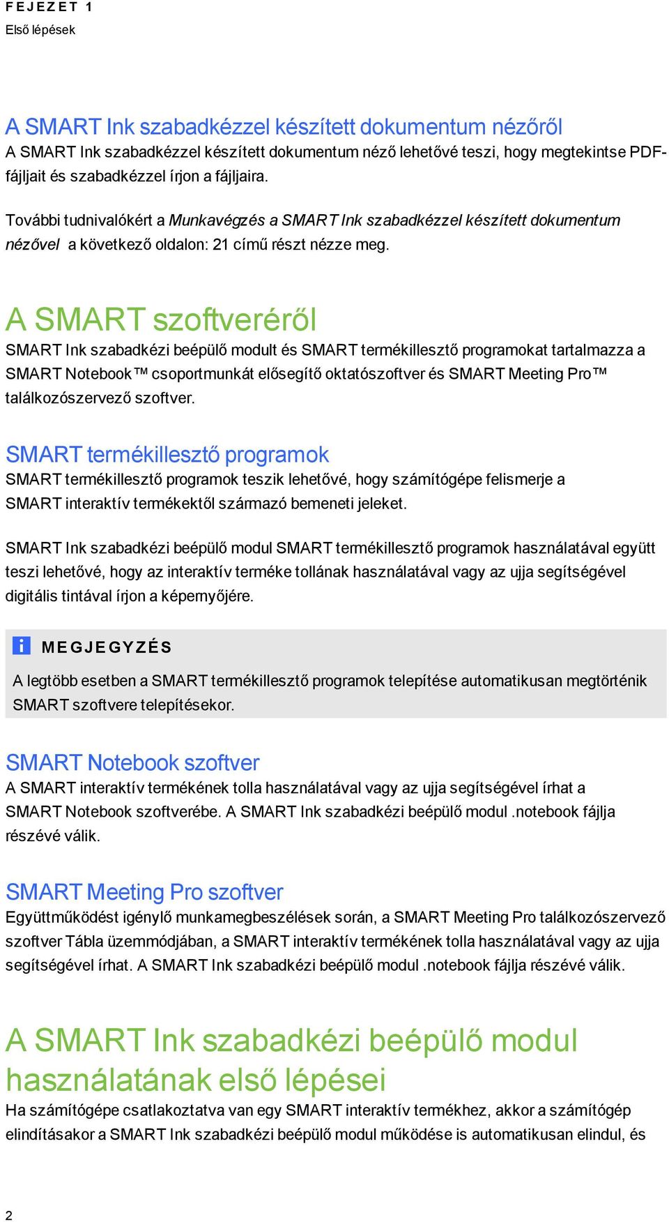 A SMART szoftveréről SMART Ink szabadkézi beépülő modult és SMART termékillesztő proramokat tartalmazza a SMART Notebook csoportmunkát előseítő oktatószoftver és SMART Meetin Pro találkozószervező