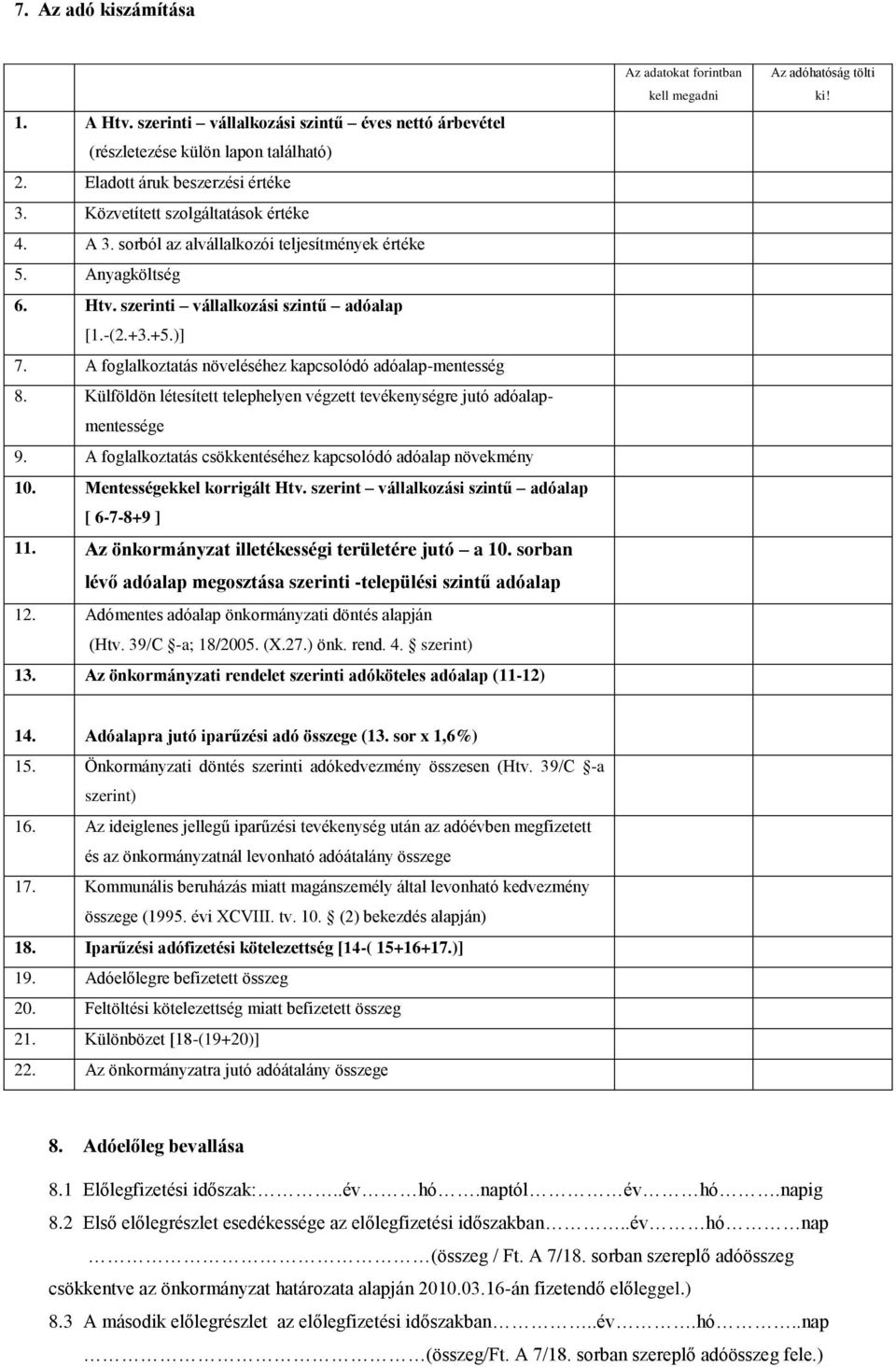 Külföldön létesített telephelyen végzett tevékenységre jutó adóalapmentessége 9. A foglalkoztatás csökkentéséhez kapcsolódó adóalap növekmény 10. Mentességekkel korrigált Htv.