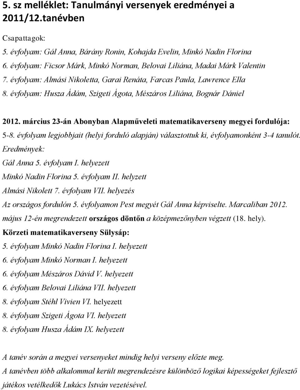 március 23-án Abonyban Alapműveleti matematikaverseny megyei fordulója: 5-8. évfolyam legjobbjait (helyi forduló alapján) választottuk ki, évfolyamonként 3-4 tanulót. Eredmények: Gál Anna 5.