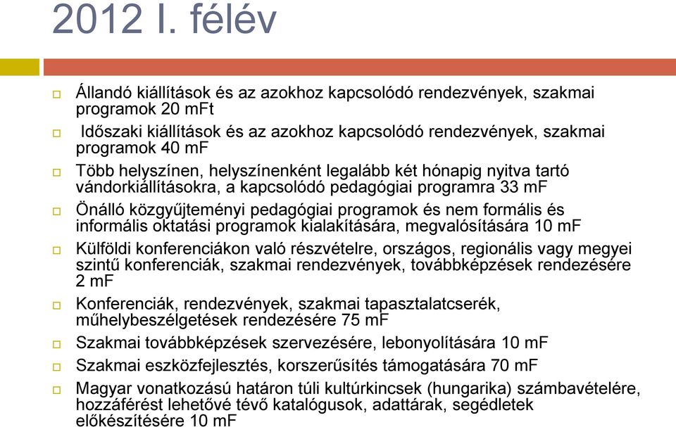 helyszínenként legalább két hónapig nyitva tartó vándorkiállításokra, a kapcsolódó pedagógiai programra 33 mf Önálló közgyűjteményi pedagógiai programok és nem formális és informális oktatási