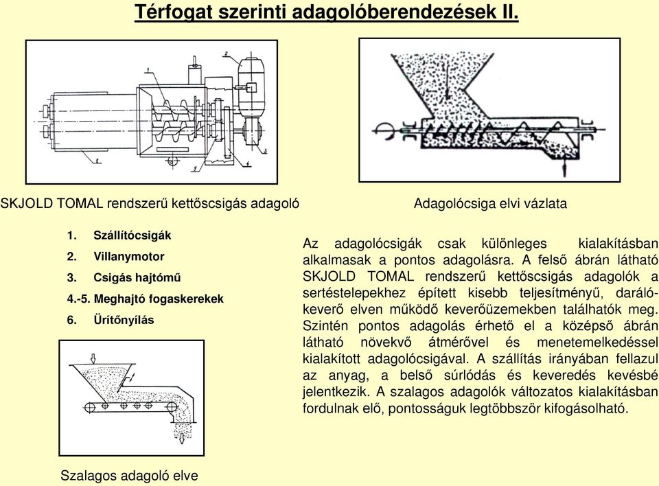 A felső ábrán látható SKJOLD TOMAL rendszerű kettőscsigás adagolók a sertéstelepekhez épített kisebb teljesítményű, darálókeverő elven működő keverőüzemekben találhatók meg.