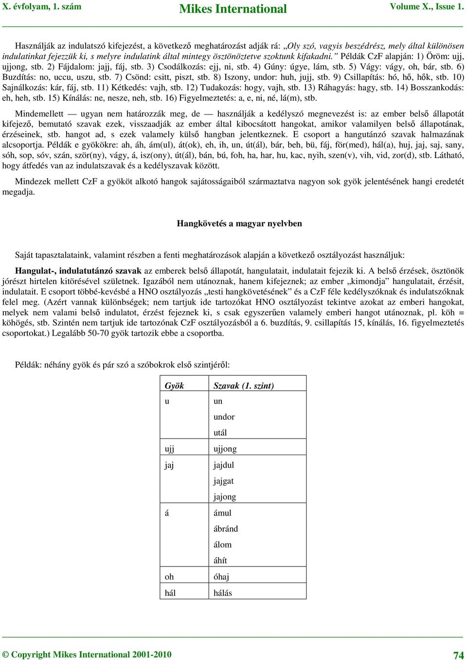 6) Buzdítás: no, uccu, uszu, stb. 7) Csönd: csitt, piszt, stb. 8) Iszony, undor: huh, jujj, stb. 9) Csillapítás: hó, hő, hők, stb. 10) Sajnálkozás: kár, fáj, stb. 11) Kétkedés: vajh, stb.