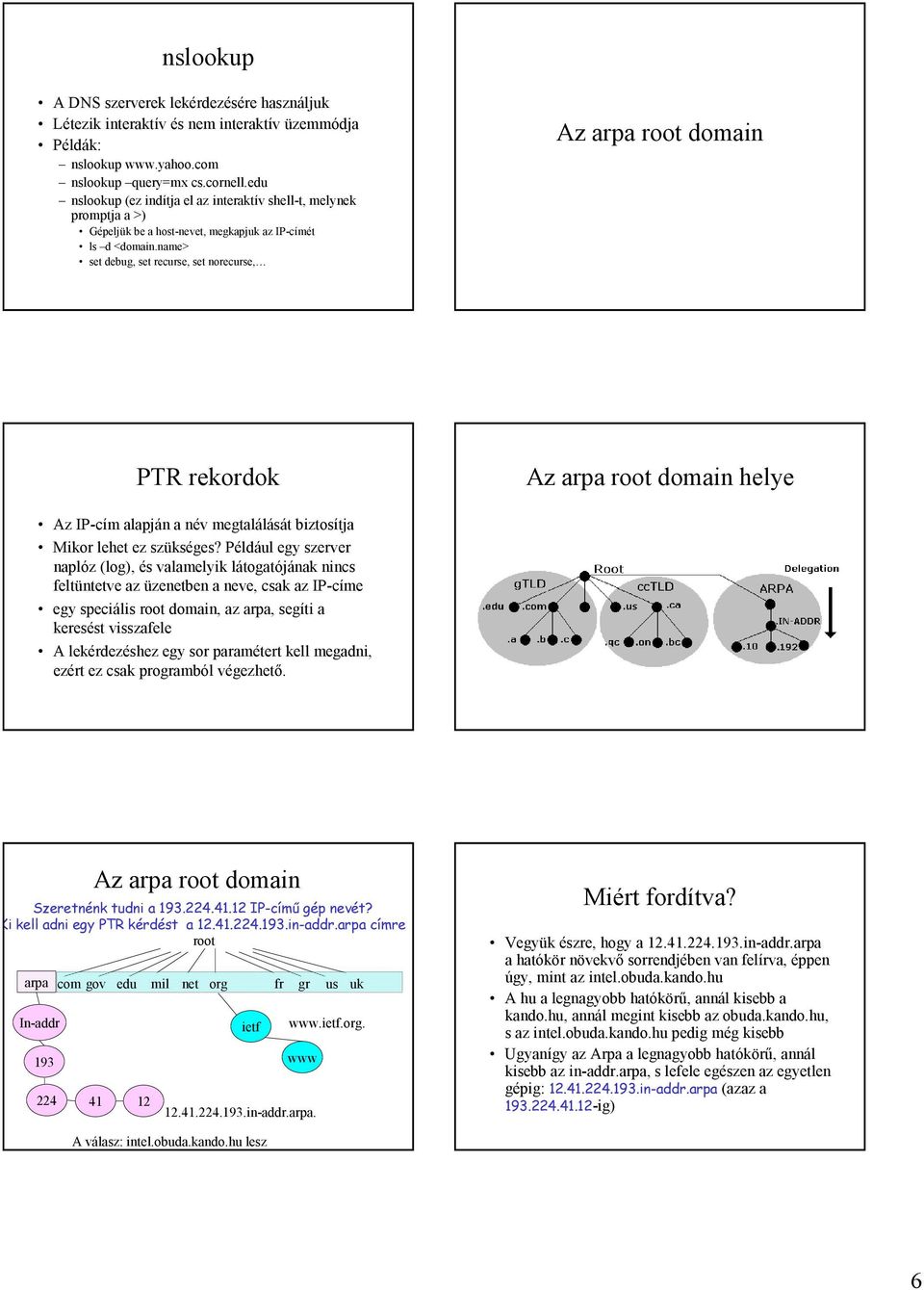 name> set debug, set recurse, set norecurse, Az arpa root domain PTR rekordok Az arpa root domain helye Az IP-cím alapján a név megtalálását biztosítja Mikor lehet ez szükséges?