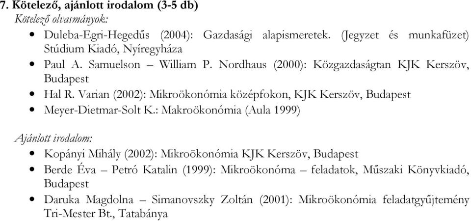 Varian (2002): Mikroökonómia középfokon, KJK Kerszöv, Budapest Meyer-Dietmar-Solt K.