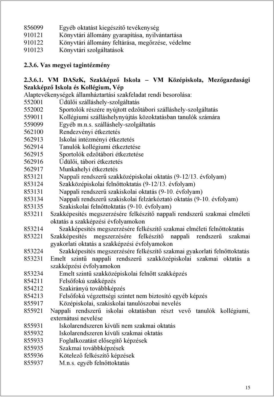 VM DASzK, Szakképző Iskola VM Középiskola, Mezőgazdasági Szakképző Iskola és Kollégium, Vép Alaptevékenységek államháztartási szakfeladat rendi besorolása: 552001 Üdülői szálláshely-szolgáltatás