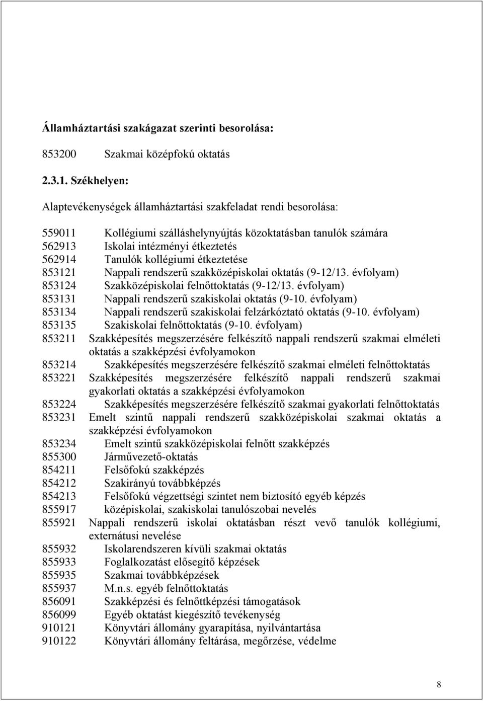 kollégiumi étkeztetése 853121 Nappali rendszerű szakközépiskolai oktatás (9-12/13. évfolyam) 853124 Szakközépiskolai felnőttoktatás (9-12/13.