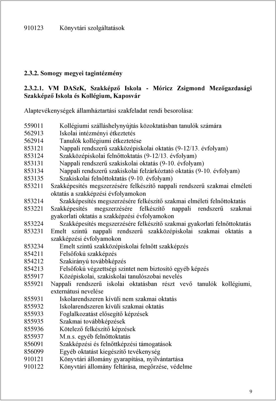 Nappali rendszerű szakközépiskolai oktatás (9-12/13. évfolyam) 853124 Szakközépiskolai felnőttoktatás (9-12/13. évfolyam) 853131 Nappali rendszerű szakiskolai oktatás (9-10.