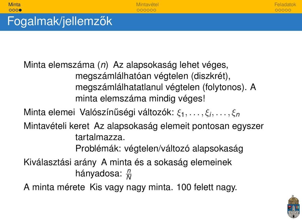 .., ξ i,..., ξ n Mintavételi keret Az alapsokaság elemeit pontosan egyszer tartalmazza.