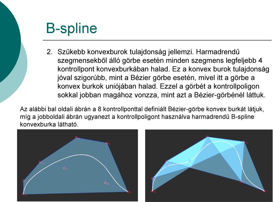 Ez a konvex burok tulajdonság jóval szigorúbb, mint a Bézier görbe esetén, mivel itt a görbe a konvex burkok uniójában halad.