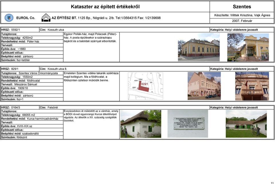 Város Önkormányzata Teleknagyság: 1550m2 Rendeltetési mód: földhivatal Mészáros Sámuel 1909/10 Emeleten vidéke takarék székháza majd kollégium.