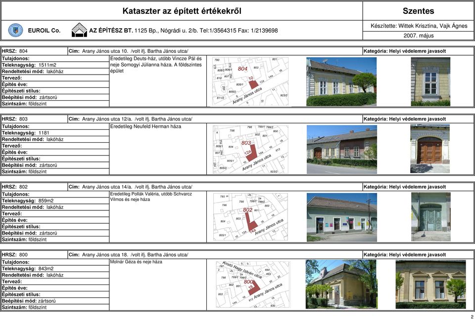 A földszintes épület HRSZ: 803 Teleknagyság: 1181 Cím: Arany János utca 12/a. /volt ifj.