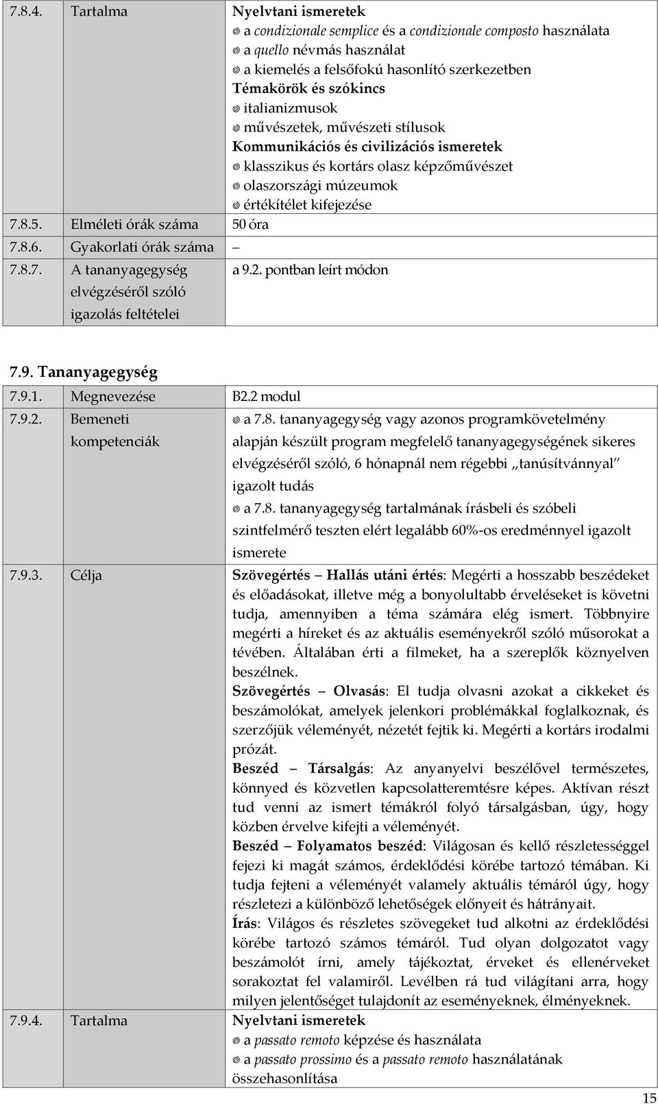 stílusok klasszikus és kortárs olasz képzőművészet olaszországi múzeumok értékítélet kifejezése 7.8.5. Elméleti órák száma 50 óra 7.8.6. Gyakorlati órák száma 7.8.7. A tananyagegység 7.9.