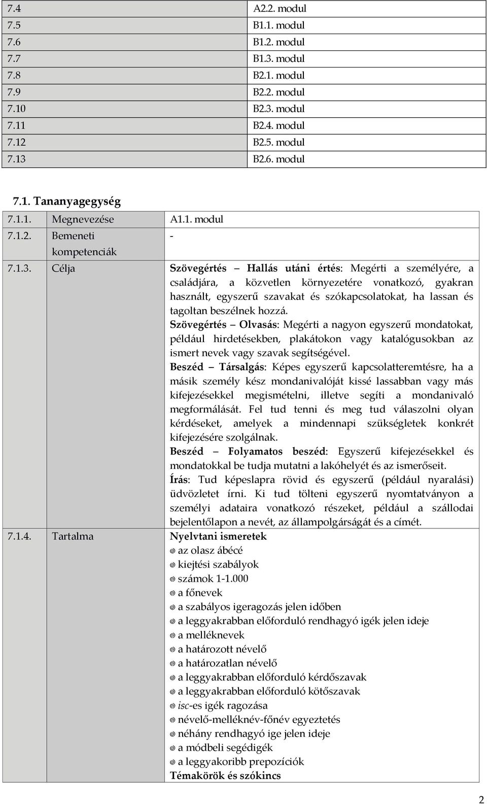 Célja Szövegértés Hallás utáni értés: Megérti a személyére, a családjára, a közvetlen környezetére vonatkozó, gyakran használt, egyszerű szavakat és szókapcsolatokat, ha lassan és tagoltan beszélnek