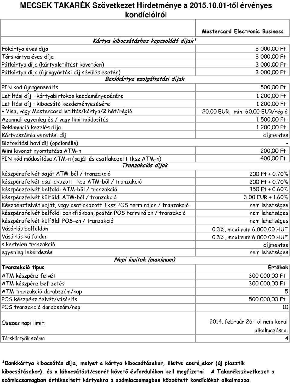 00 EUR/régió Azonnali egyenleg és / vagy limitmódosítás 1 500,00 Ft Reklamáció kezelés díja 1 200,00 Ft Kártyaszámla vezetési díj Biztosítási havi díj (opcionális) - Mini kivonat nyomtatása ATM-n