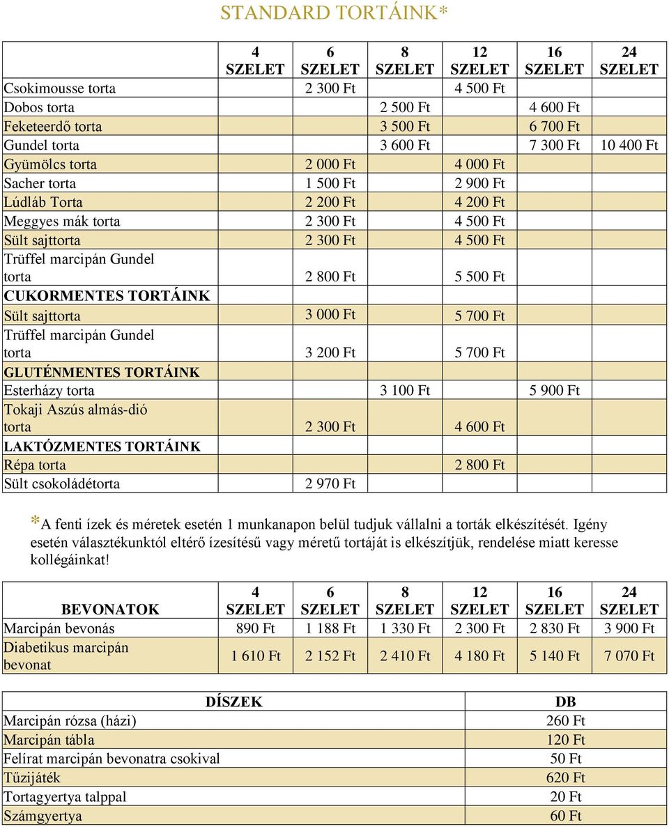 TORTÁINK Sült sajttorta 3 000 Ft 5 700 Ft Trüffel marcipán Gundel torta 3 200 Ft 5 700 Ft GLUTÉNMENTES TORTÁINK Esterházy torta 3 100 Ft 5 900 Ft Tokaji Aszús almás-dió torta 2 300 Ft 4 600 Ft